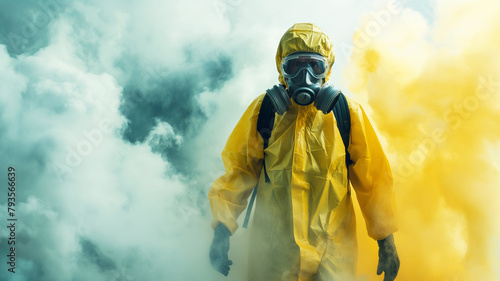 A man in a yellow hazmat suit is walking through a cloud of yellow smoke