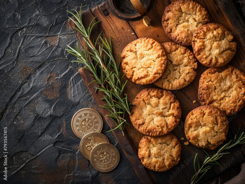 Anzac Day Tribute: Vintage Biscuit Recipe and Military Medals on Aged Wooden Backdrop
