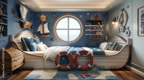 A 3D illustration of a nautical themed kid s room with a boatshaped bed and maritime decorations
