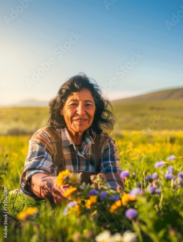 Hopeful Hispanic Woman Cultivating Wildflowers in Blooming Meadow on Earth Day