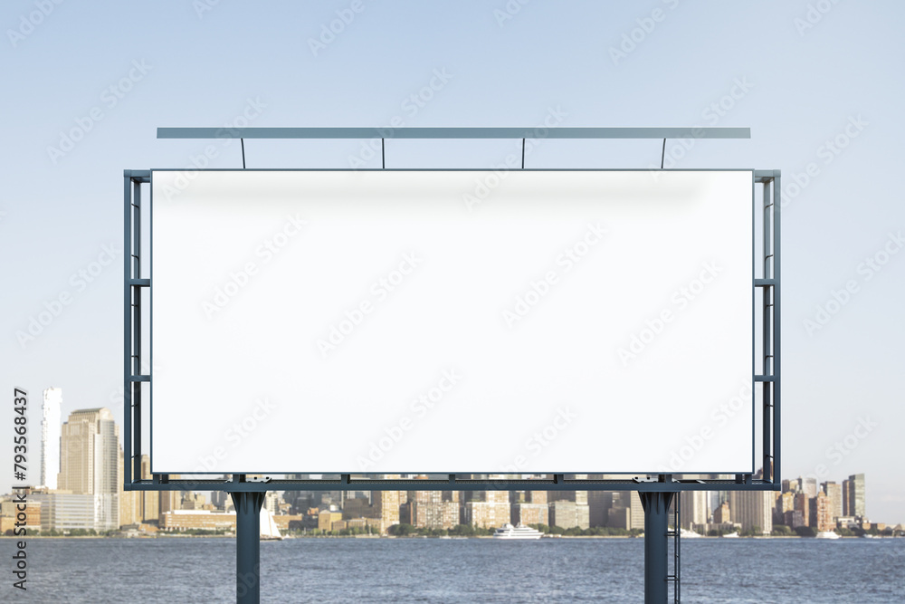 Blank white billboard on cityscape background at daytime, front view. Mock up, advertising concept Blank white billboard on cityscape background at daytime, front view. Mock up, advertising concept