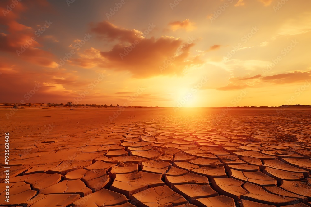 Dry cracked earth in a desert landscape, climate change and global warming theme, vivid sunset in the background enhancing dramatic effect