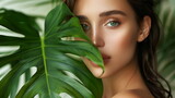 Ethereal face with leaf patterns, capturing the essence of clean beauty.