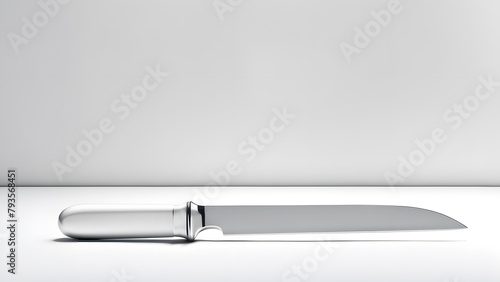 A silver knife is laying on a table. The knife is long and thin, with a silver handle. Concept of elegance photo