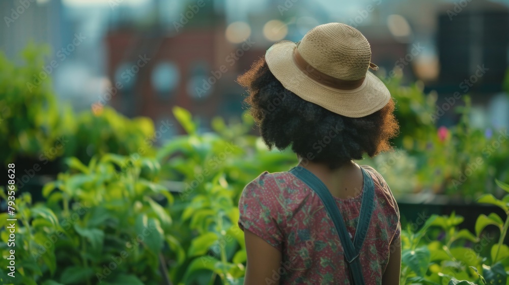 Serene Rooftop Garden Retreat: Fashionable Woman Engages in Sustainable Gardening Amidst Cityscape