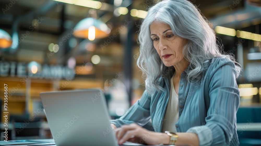 Mature businesswoman working on laptop in a cafe, ideal for remote work and entrepreneurship themes. Mature businesswoman working on laptop in a cafe, ideal for remote work and entrepreneurship themes.