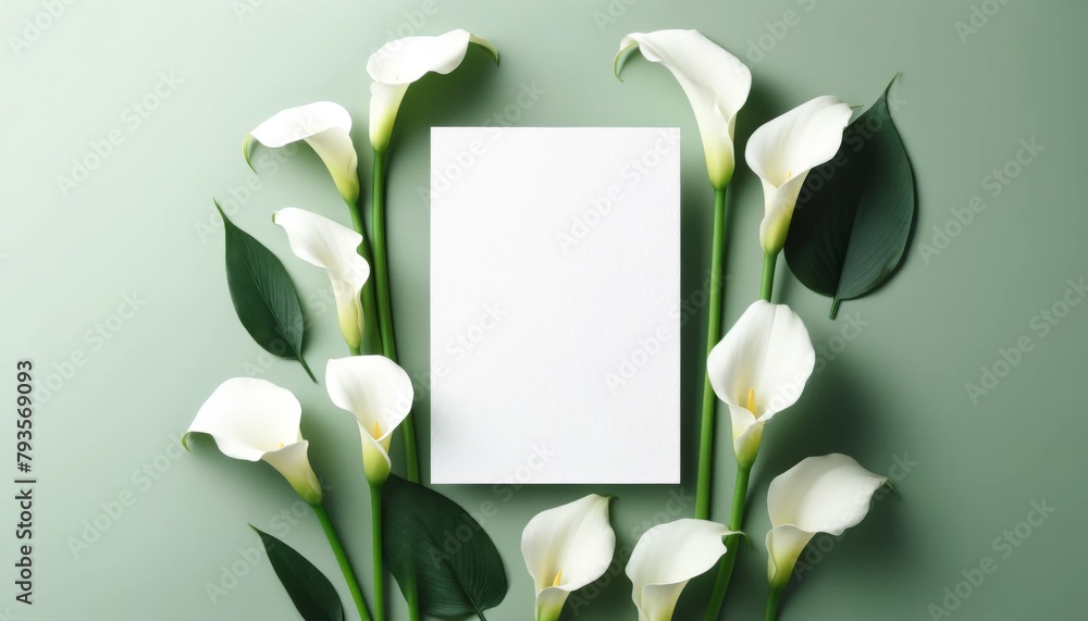 Elegant white calla lily with white blank card on green pastel background, Perfect for a personalized message. Elegant white calla lily with white blank card on green pastel background, Perfect for a personalized message.
