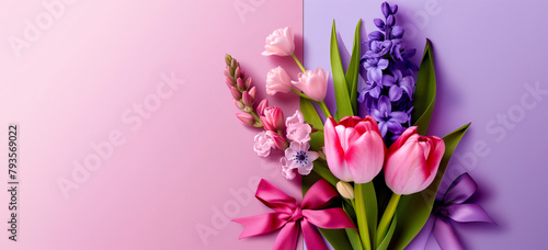 Spring hyacinth flowers with pink bow on purple gradient background with copy space for text. Beautiful floral tulip banner design for Mother’s Day, Valentine or Birthday.