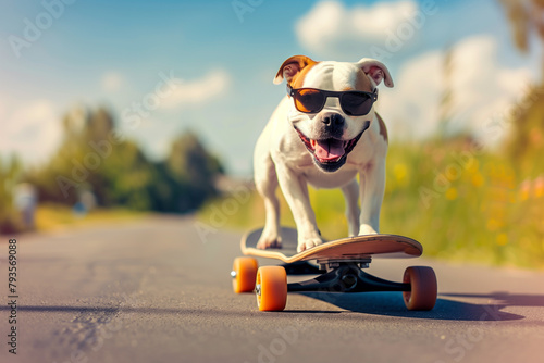 Adventurous dog on a skateboard in sunglasses on a sunny road is a demonstration of the athleticism and joy of a pet.