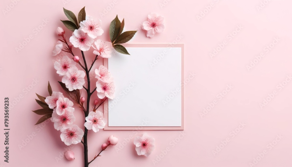 Elegant cherry blossoms with blank card on pink pastel background, Perfect flat lay for design with copy space.