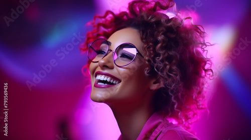 A confident female customer, glasses perched, smiling brightly, on a vibrant magenta background