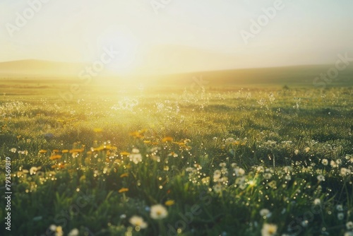 Serene Meadow at Sunrise: Pristine Landscape with Dewy Wildflowers and Soft Mist