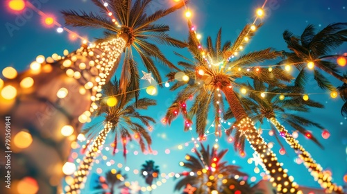 Palm trees decorated with festive and bright garlands in the evening