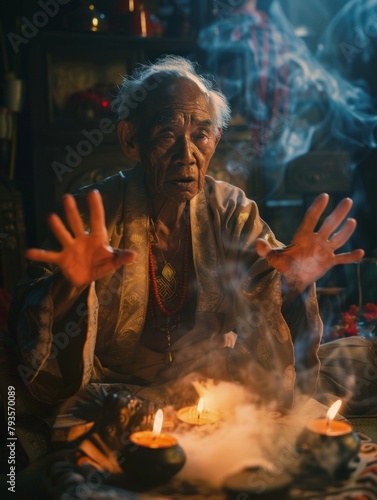 Elderly Southeast Asian Healer Performing Ritual on National Paranormal Day in Dimly Lit Room