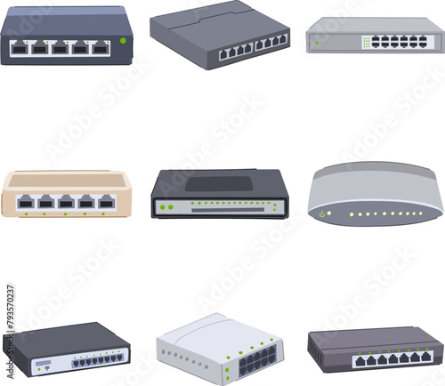 network switch set cartoon. router firewall, traffic data, connectivity management network switch sign. isolated symbol vector illustration