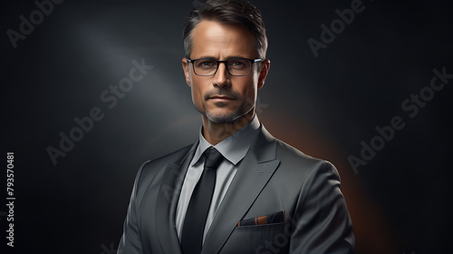 A professional man in glasses, exuding confidence, on a sleek steel gray background