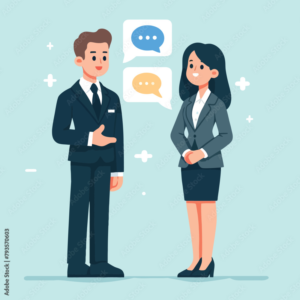 illustration of a business man and a business woman talking with chat icon illustration of a business man and a business woman talking with chat icon