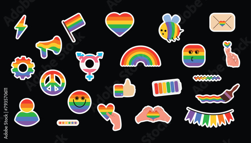 lgbt stickers set, gay pride icon, isolated on black background rainbow symbols, lgbtq pride month