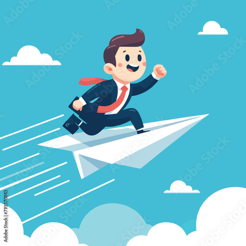 illustration of a business man achieving success flying in a paper airplane