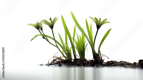 Fresh Plant Sprouts and Soil on White Background.