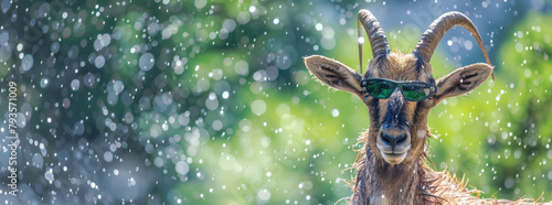 wet happy pyrenean ibex with sunglasses rain photo
