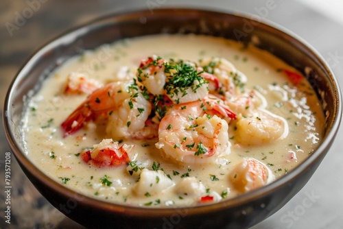 Bowl of Creamy Seafood Soup with Lobster and Shrimp