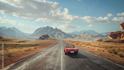 A red convertible is driving down a long, empty road in a desert by AI generated image