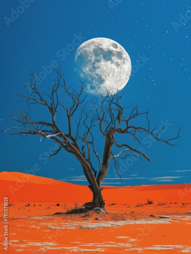 Solitary Dead Tree Against Moon in Vibrant Desert for World Environment Day