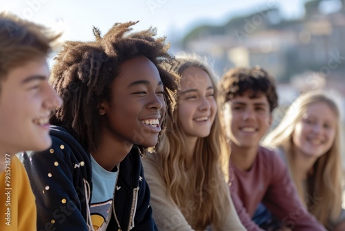 Group of happy teen girls and boys having fun together outside on sunny day