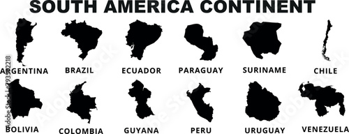 South American countries map vector, black map silhouettes, white background, labeled names