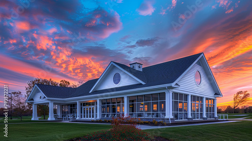 New clubhouse captured under the colors of a dramatic sunset sky, featuring a white porch and gable roof with a semi-circle window. photo