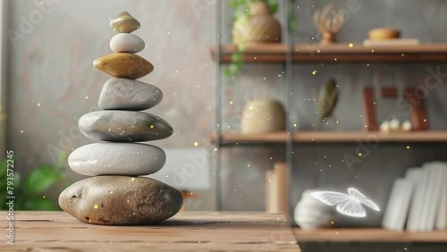 wooden vintage table shelf with stone balance. seamless looping overlay 4k virtual video animation background photo