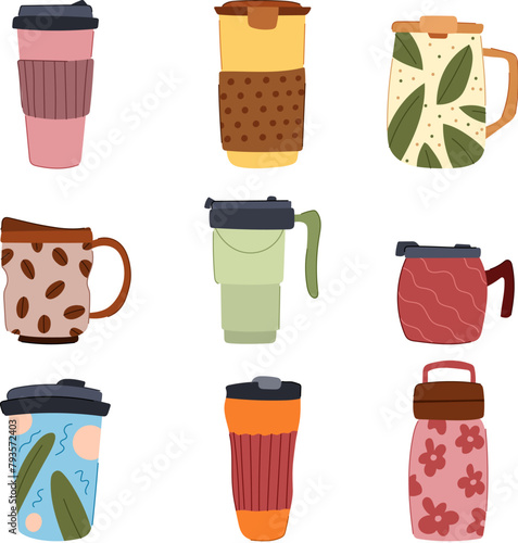 reusable coffee cup set cartoon. friendly sustainable, travel hot, drink morning reusable coffee cup sign. isolated symbol vector illustration
