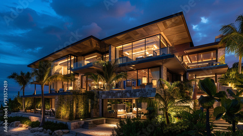 Night view of a luxurious beach villa, with landscape lighting that highlights its modern architecture and the surrounding palm trees.