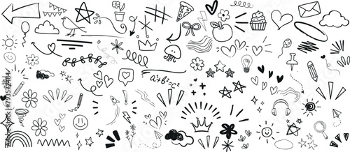 Doodle line art, hand drawn elements, stars, hearts, arrows, flowers, smiley-face, clouds, suns, cupcake, envelope, music-notes, rainbow, butterfly, crown, diamond, jellyfish, mushroom