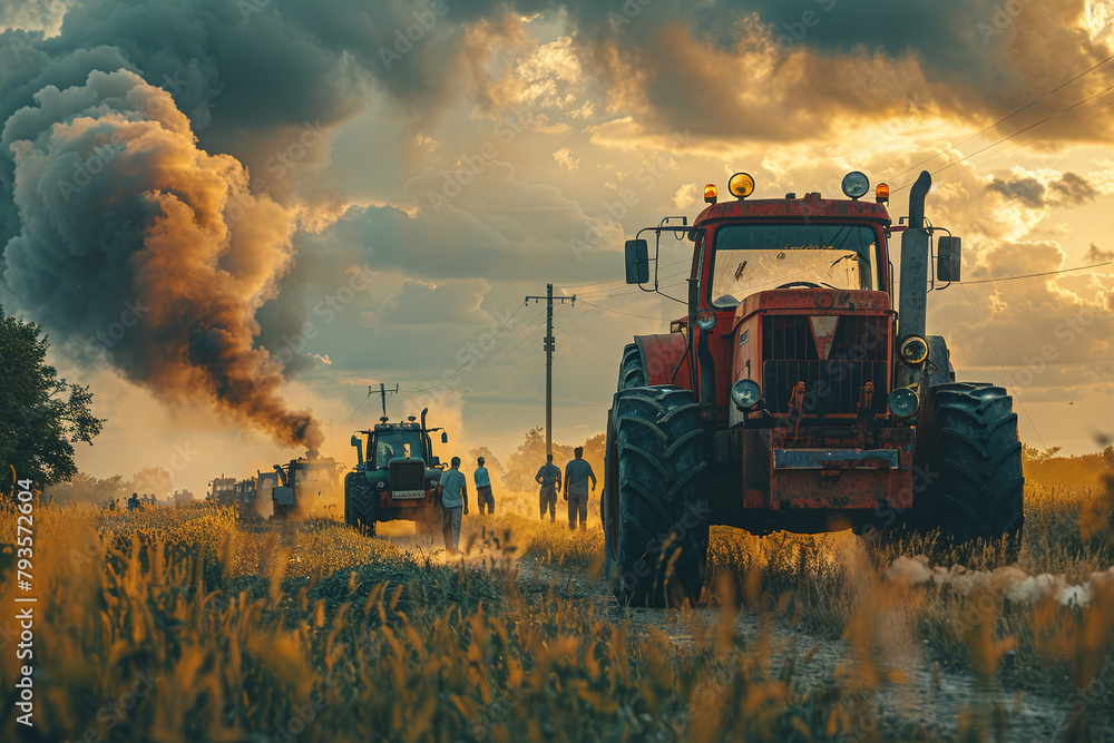 Fototapeta premium Farmers' protest concept with tractors and smoke in a field. Generated AI.