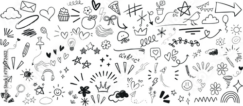 hand drawn Doodle art, black ink on white, symbols, icons, playful design. Perfect for backgrounds, wallpapers, artistic expression. Features everyday objects, abstract shapes