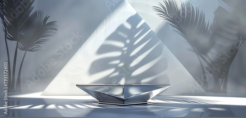 Modern silver 3D space showcasing a triangular pedestal with dramatic monstera shadows.