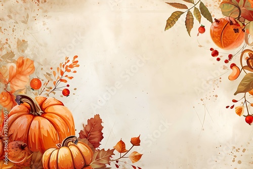 A festive autumn arrangement featuring ripe pumpkins  pine cones  and red berries  set against a warm  textured background. Generative AI