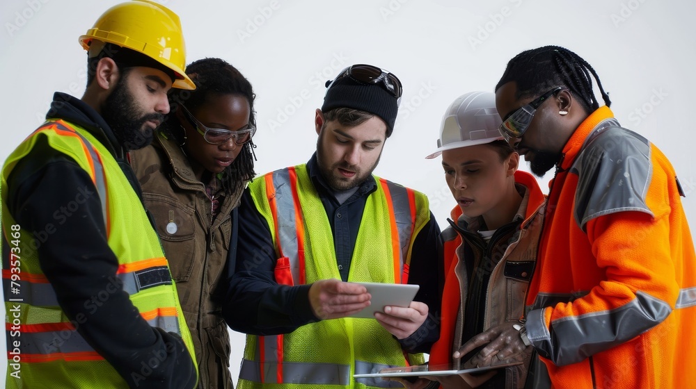 A group of diverse engineers in safety vests, strategizing over a digital tablet, showing teamwork, set against a clean white backdrop. A group of diverse engineers in safety vests, strategizing over a digital tablet, showing teamwork, set against a clean white backdrop.