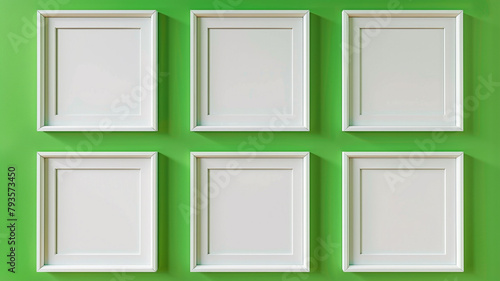 Six matte white frames against a vibrant green wall, creating a fresh and modern look for avant-garde art exhibitions