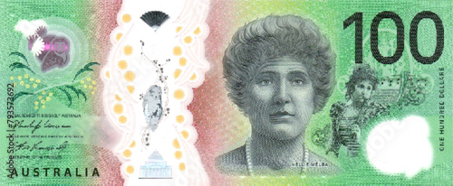 Vector reverse high polygonal pixel mosaic banknote of Australia. Denominations of bill 100 dollars 2020. Game money of flyer. Part 2 photo