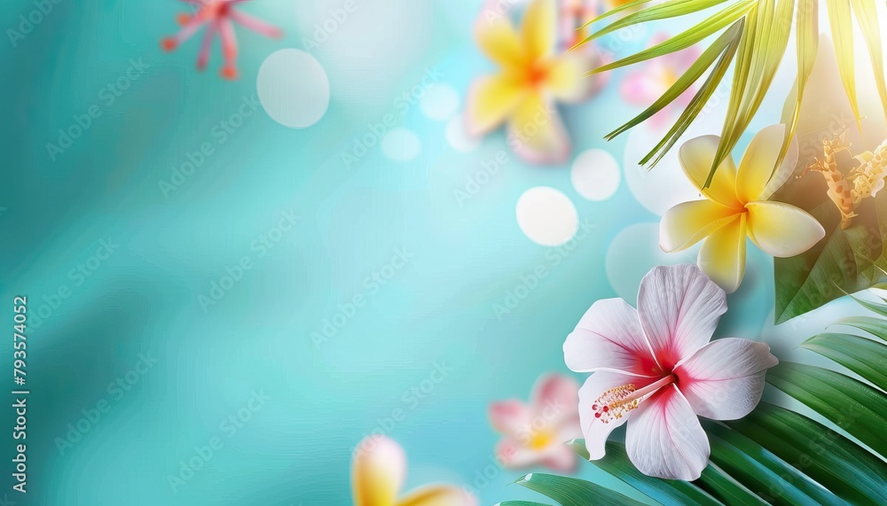 A blue background with a bunch of flowers including a pink and yellow flower by AI generated image A blue background with a bunch of flowers including a pink and yellow flower by AI generated image