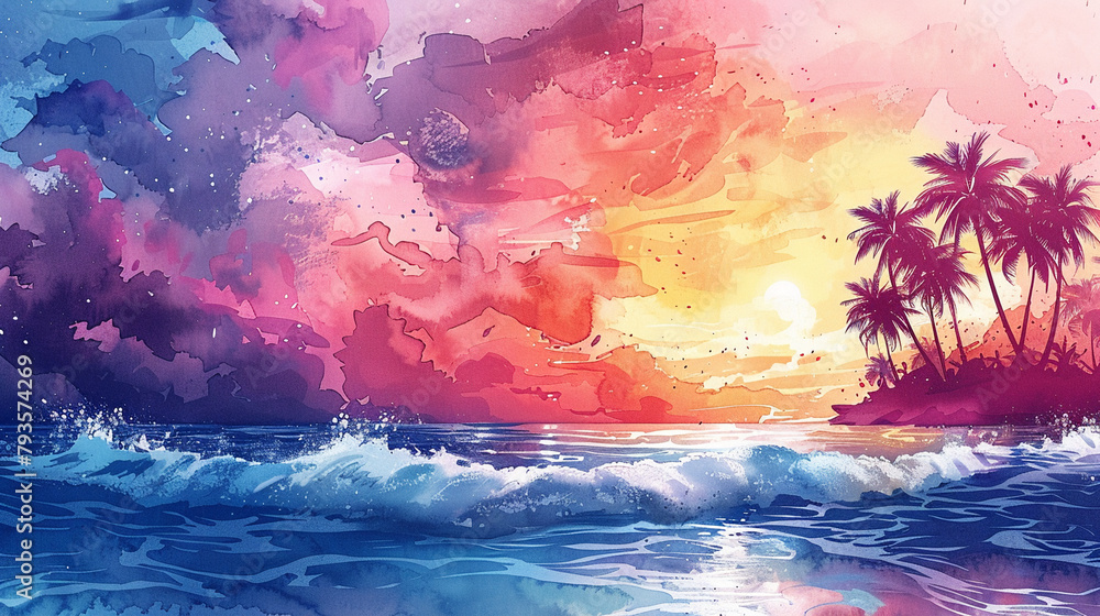 depicting a tropical paradise with palm trees against a backdrop of vibrant watercolor splashes