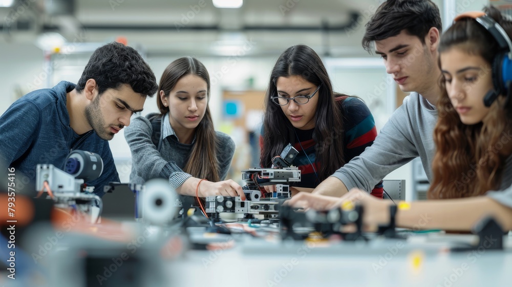 Naklejka premium A group of young engineers in a robotics lab, programming together, teamwork and focus clear, with a plain white background, styled as a collaborative tech workspace.
