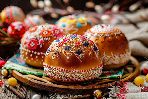 Richly Decorated Kulich on Rustic Table, Traditional Orthodox Easter Fare, Cultural and Appetizing Concept, excellent for food culture magazines and culinary guides, Copy Space