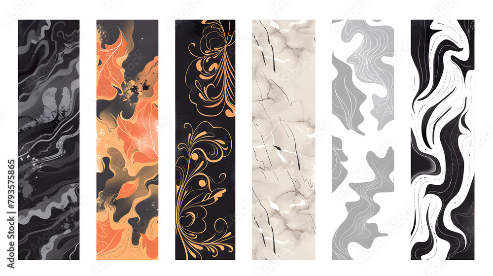 Six different patterns in orange, white and black on white background 
