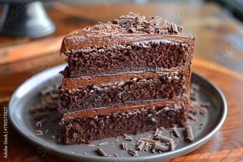 A superb chocolate cake with rich ganache and layers of chocolate crumbs. photo