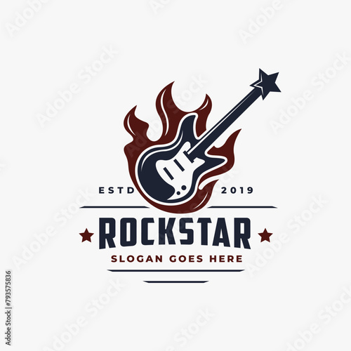 Vintage rockstar guitar on fire logo icon vector template on white background