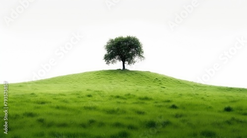 Lush Green Tree on the top of Meadow Hill on a white background as a design material.